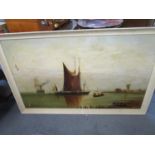 A late 19th/early 20th century Dutch coastal oil painting with shipping, a row boat and a windmill