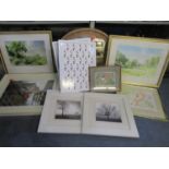 A mixed lot of pictures and an oval framed wall mirror to include two framed and glazed