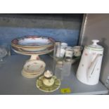 A mixed lot of ceramics to include an ink well, coffee set and glass dressing table bottles