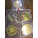 Five 2012-2017 gold plated collectors coins, 110g in weight, to commemorate VE Day, Lady Diana,