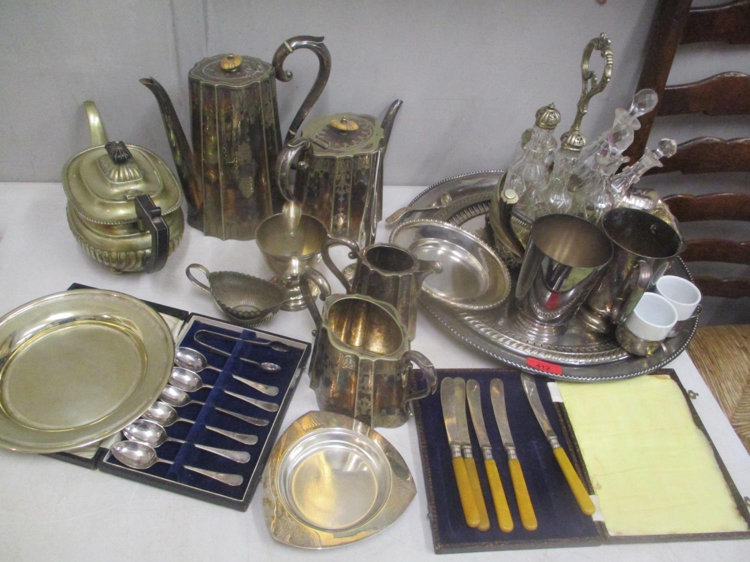 Silver plate and metalware to include teaware, a sauce boat, trays, a Turkish coffee pot, fire irons