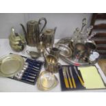 Silver plate and metalware to include teaware, a sauce boat, trays, a Turkish coffee pot, fire irons