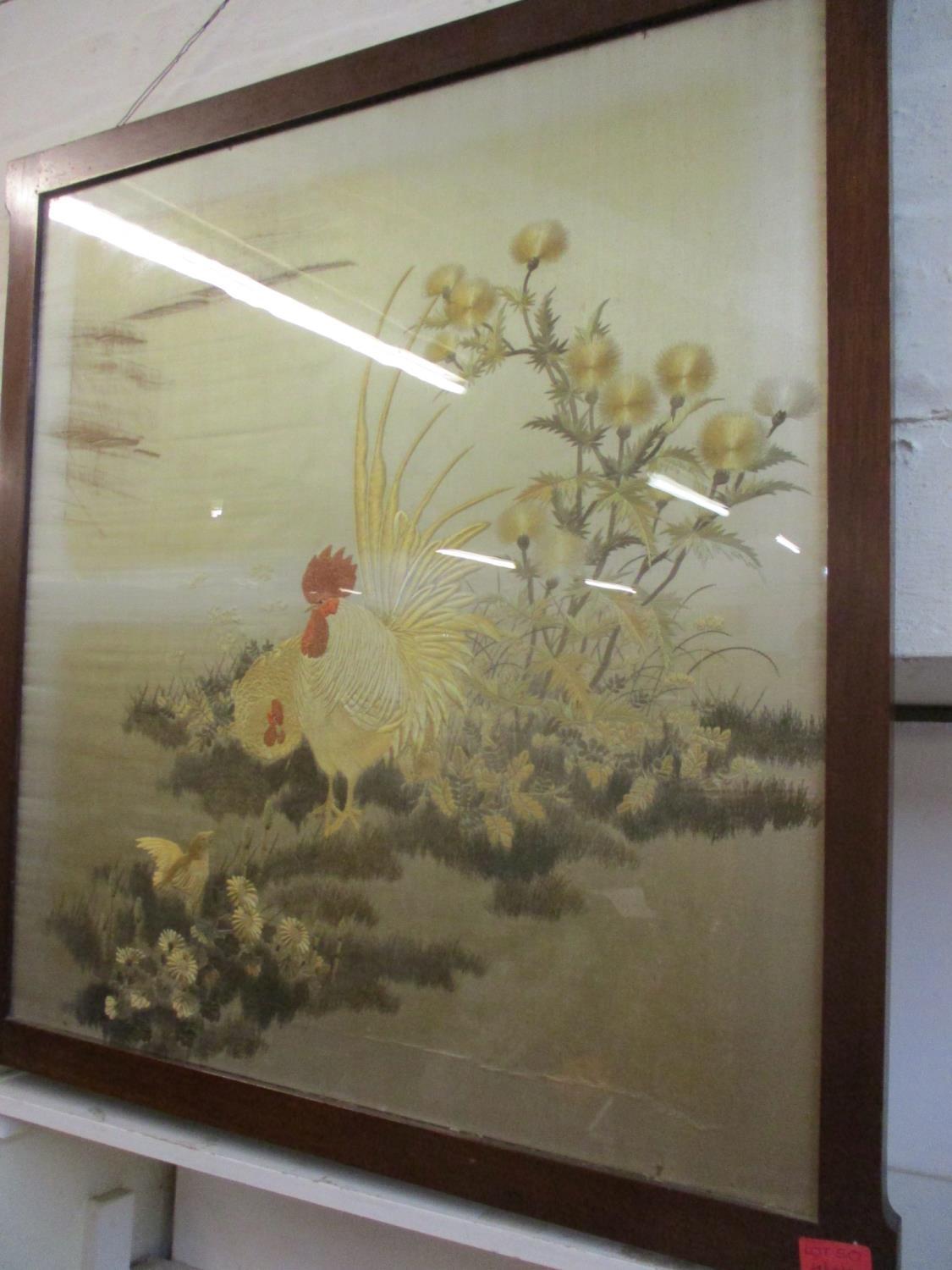 A Pink Lloyd Loom linen basket together with a silk embroidered picture of a cockerel and two - Image 3 of 4