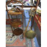 A copper bed pan, a brass ashtray on stand, a three tier oak folding cake stand A/F and mixed