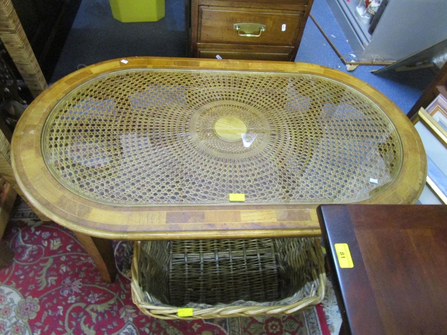 A modern inlaid wooden coffee table with inset glass and caned top, on square, tapering legs, a - Bild 3 aus 3