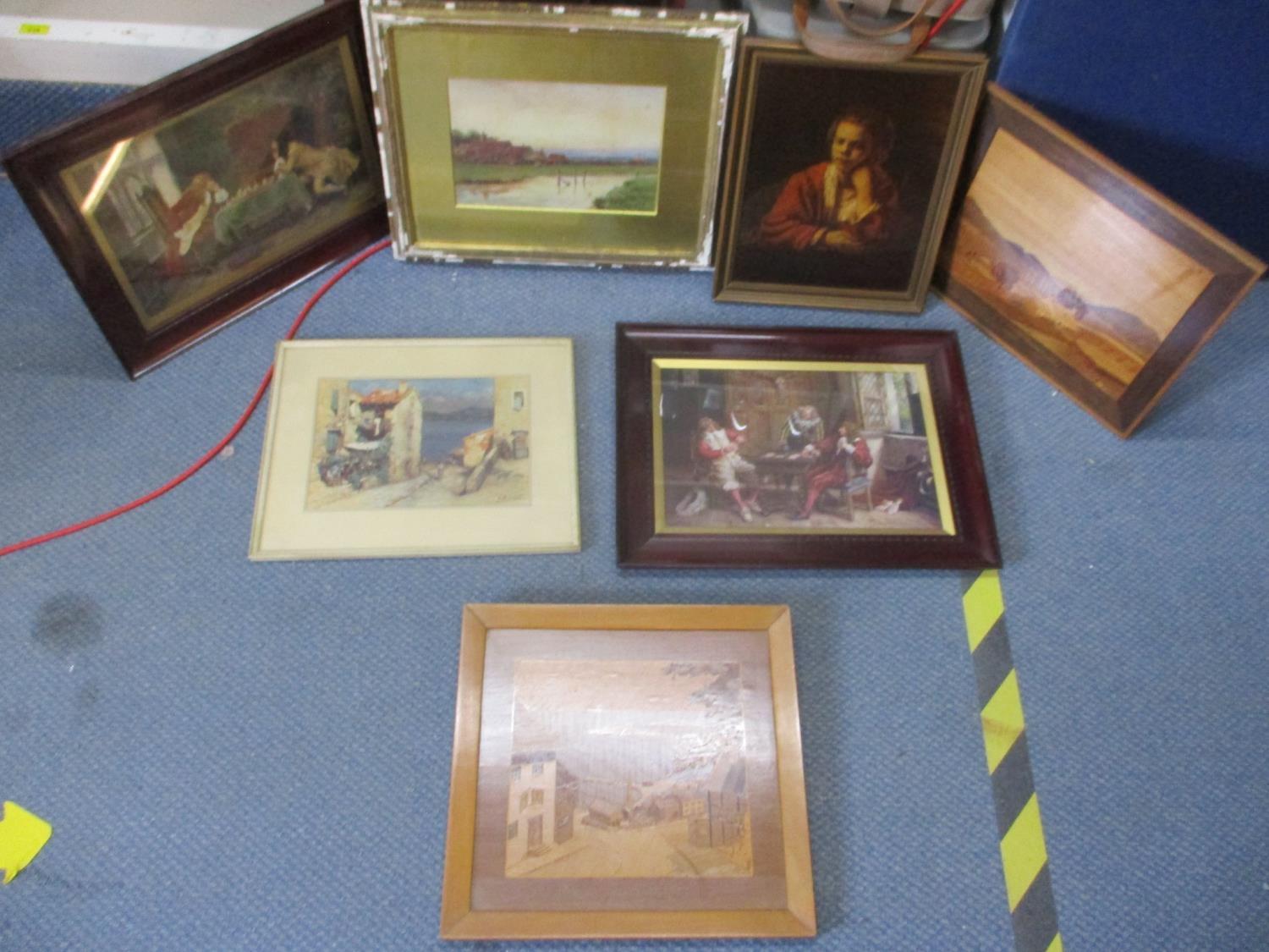 A mixed lot to include mixed prints and marquetry pictures together with mid 20th century ceiling - Bild 3 aus 4