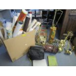 A mixed lot to include a brass effect three branch chandelier, a table lamp, Tiffany style lamp