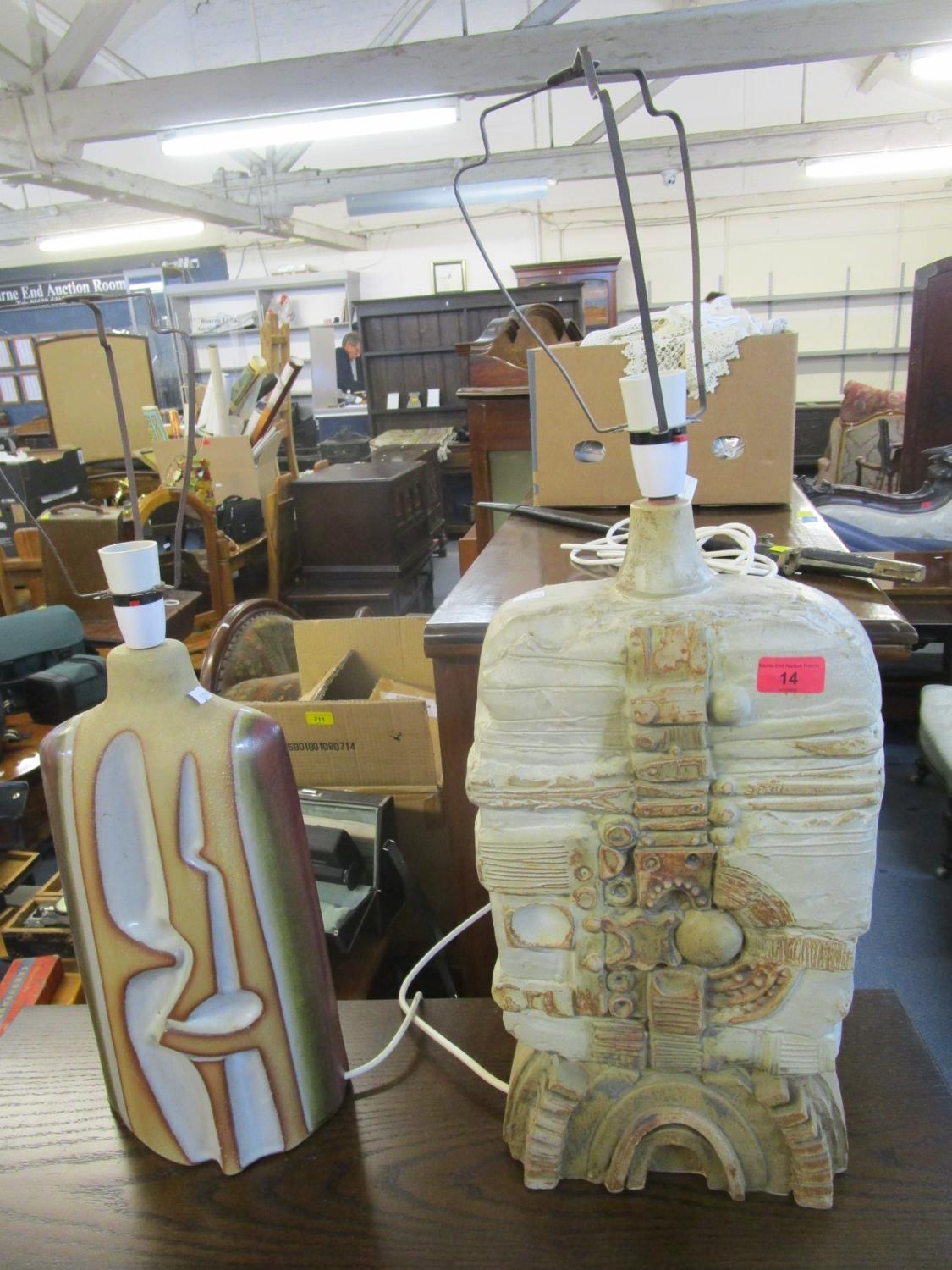 A Bernard Rooke and a Tramar studio pottery table lamps, 48cm high and 70cm high respectively with