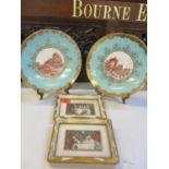 A pair of group portrait miniatures in carved painted gilt frames and a pair of Bavarian