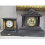 Two late Victorian black marble cased mantle clocks, each with Roman numerals