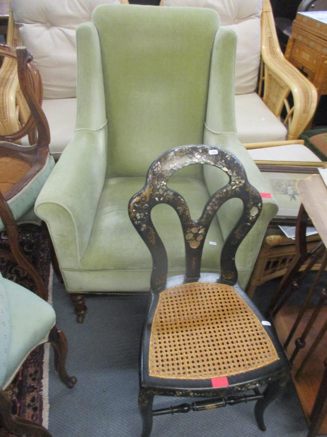 A Victorian black lacquered and mother of pearl decorated chair, together with an early 20th century