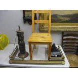Late 19th century oak carved panels made into a lamp, a pine art project chair, a brass extendable