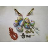 A mixed lot to include a coral necklace A/F, cap badge and buttons, enamelled metal egg boxes and