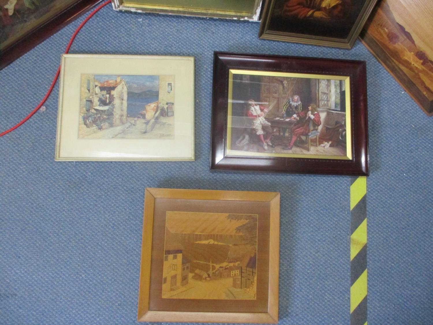 A mixed lot to include mixed prints and marquetry pictures together with mid 20th century ceiling - Bild 4 aus 4