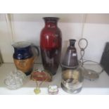 A mixed collection of ceramics and flatware to include a flambe red Doulton ovoid shaped vase, a