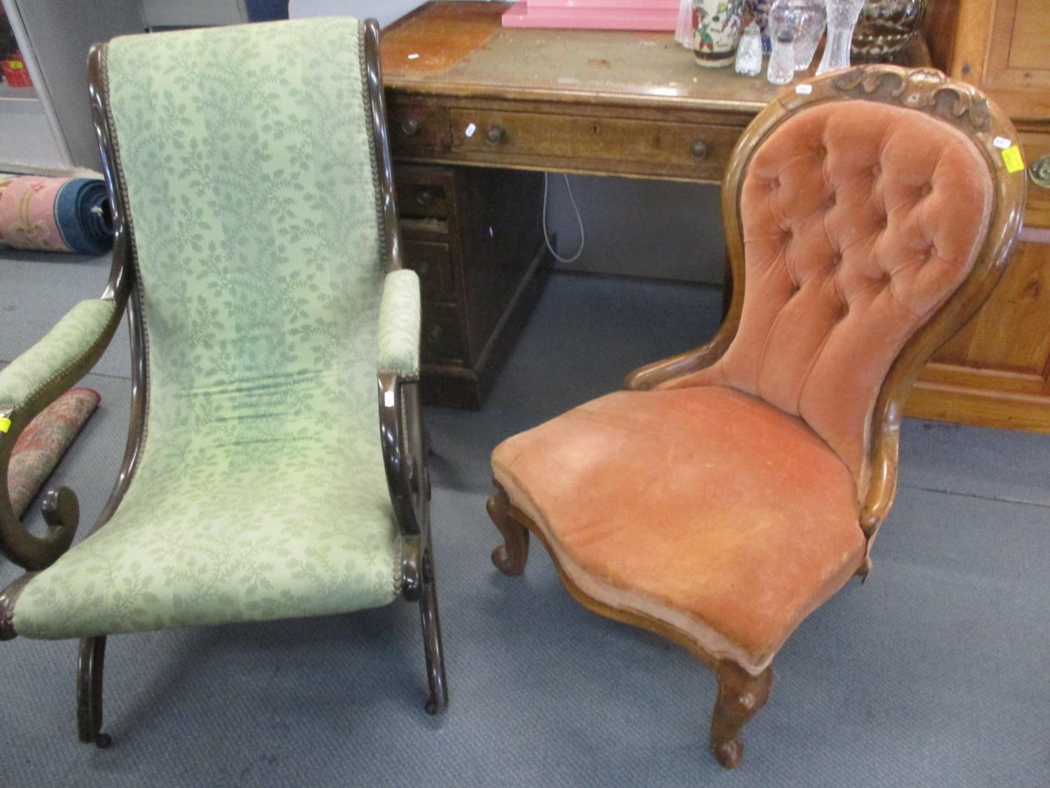 An early 20th century spoon back walnut framed nursing chair, together with an early 20th century