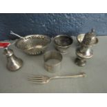 A small quantity of silver items to include a pepperette, mixed dates and makers, total weight 18.