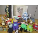 A mixed lot to include stuffed toys, clown ornaments, cased condiments and other items