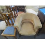 An Edwardian tub chair, together with a pair of oak Arts & Crafts chairs