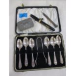 A cased set of six silver teaspoons and matching sugar tons, weight 99.9g, together with a Cornish