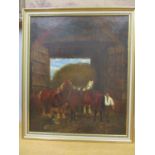 19th century British school - a barn scene with a boy and three horses, oil on canvas