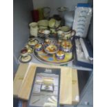 A Noritake dessert pattern dressing table set with a pair of candle sticks A/F, a fondue set, an