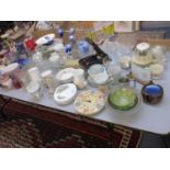 A mixed lot of household ceramics and glassware, together with a case of four pipes, wall clocks,