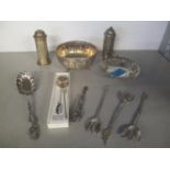 A group of silver items and white metal to include a bowl, a pierced pin dish and a cruet set