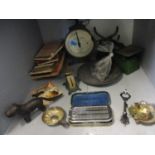 Vintage kitchen scales, vintage Ordinance survey maps, an early 20th century metal animal shaped