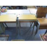 Two vintage British Esavian school desks with green metallic frame together with three vintage