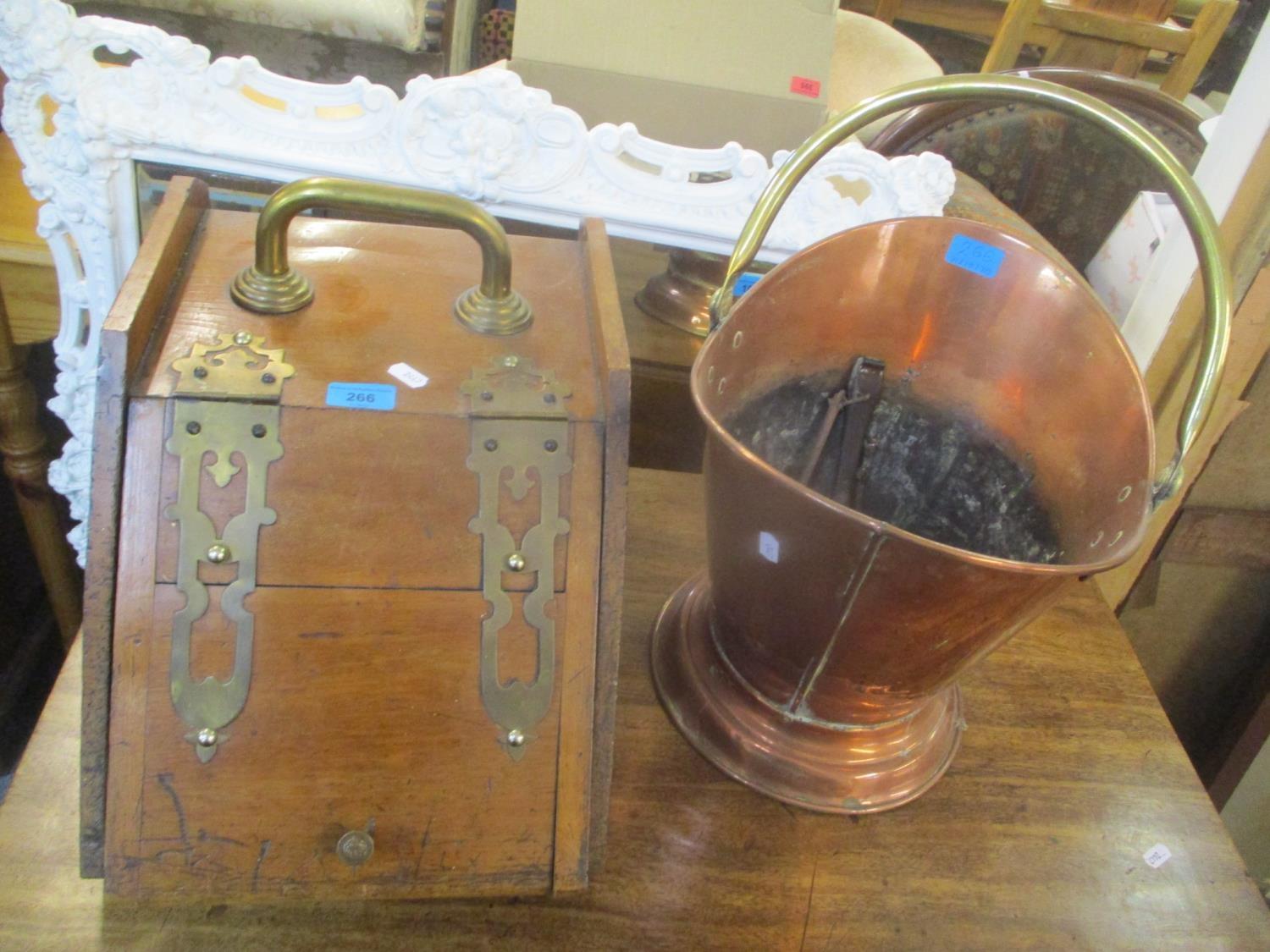 A Victorian walnut coal box, together with a copper and brass coal box