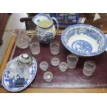 Ceramics and glassware to include a set of six tumblers, a jug, a wash jug and bowl and other items