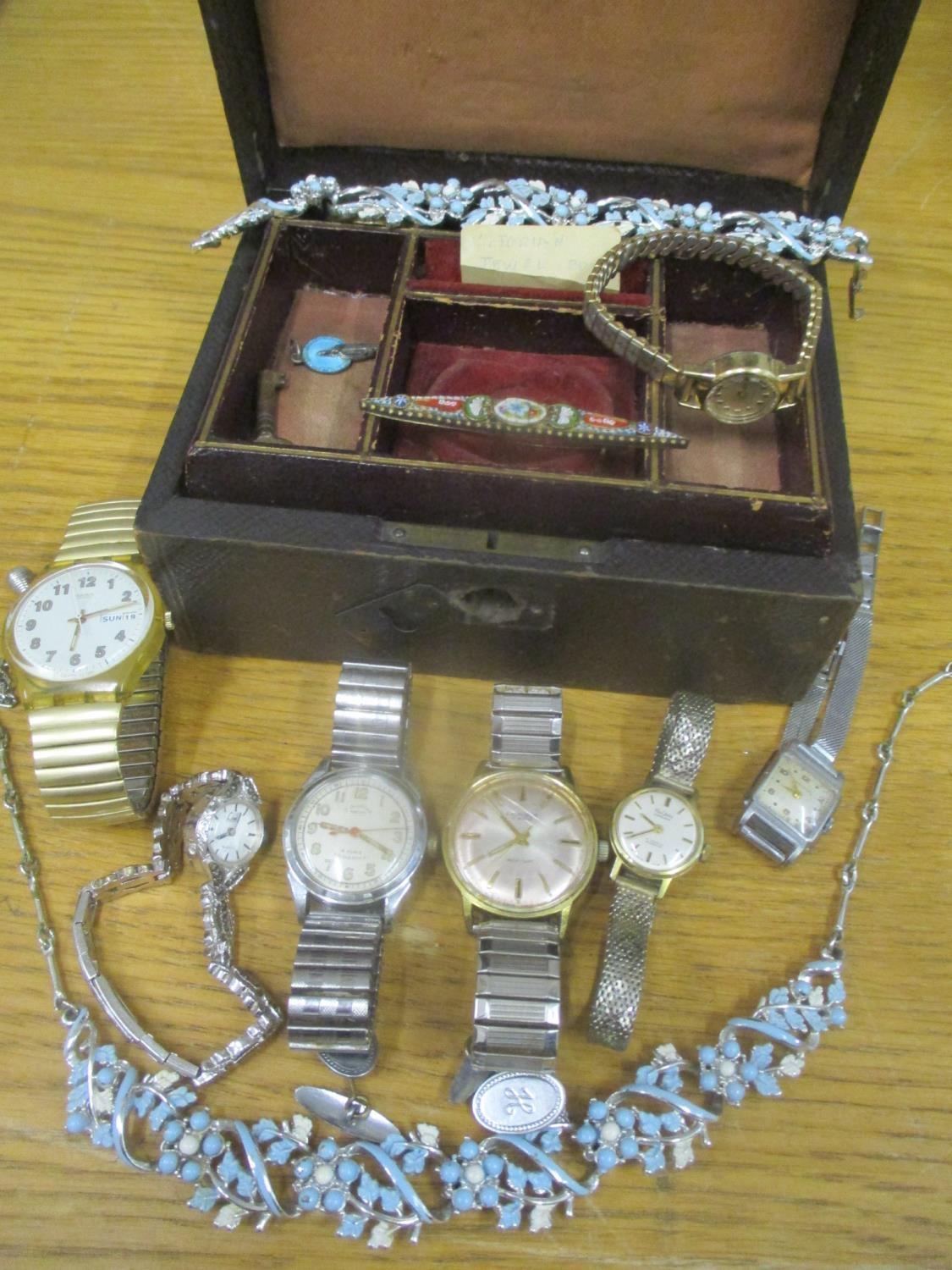 Mixed wristwatches together with a Victorian jewellery box, containing a micro mosaic