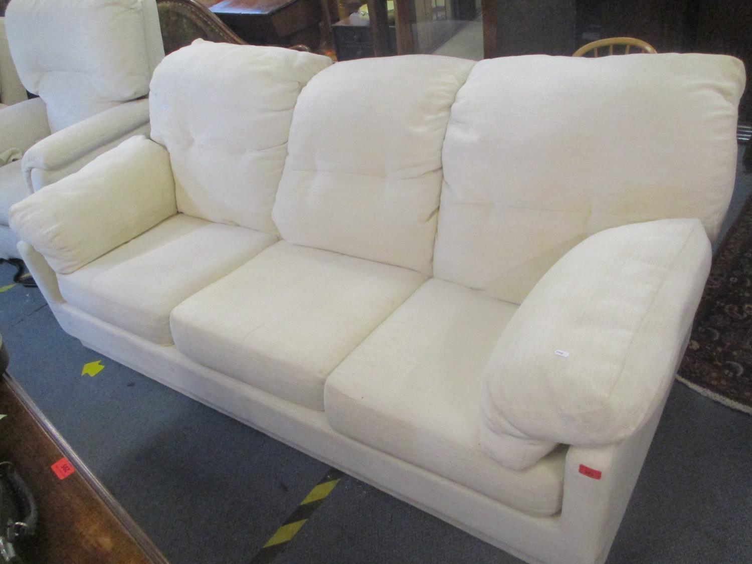 A pair of conservatory wicker armchairs and a foot stool together with a modern cream upholstered - Image 2 of 3