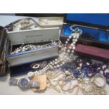 A mixed lot of mainly costume jewellery to include hat pins, beaded necklaces, Seiko gents watch and