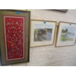 A group of framed and glazed pictures to include a Chinese embroidery and two coastal pastel