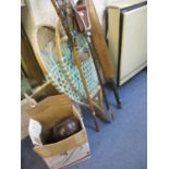 A quantity of vintage sports equipment to include racquets and lawn bowls. Location:RWM