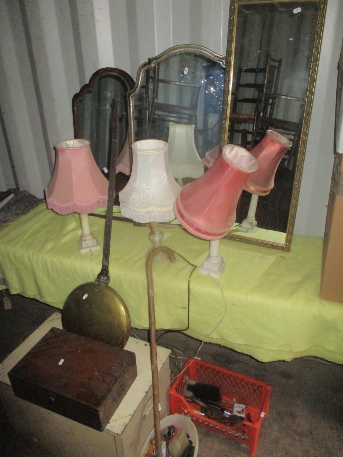 A mixed lot to include a vintage cold box, warming pan, mirrors, table lamps, tools and other items