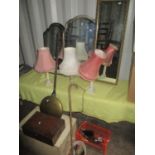 A mixed lot to include a vintage cold box, warming pan, mirrors, table lamps, tools and other items