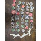 Forty two Artid buttons decorated with portraits, fish, scorpions and three plastic birds in flight