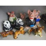 Six Wade money boxes in the form of piggy's, together with four china models of animals