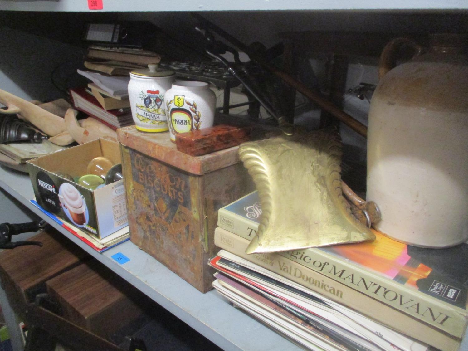 A mixed lot to include LP records, vintage Weston Biscuits tin, cased weighing scales, fireside