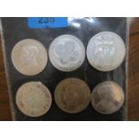 Six silver commemorative coins to include a replica 1879 Victorian coin