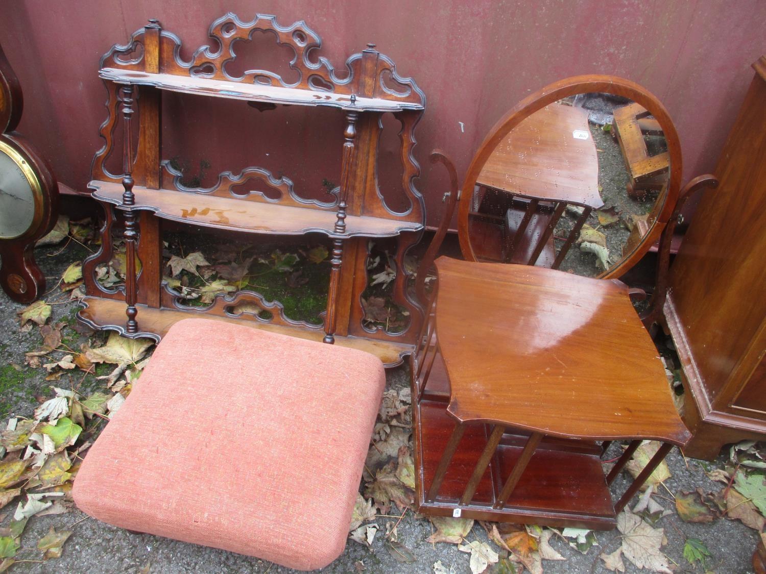 Mixed furniture to include a Victorian three tier wall shelf, dressing table mirror, stool and a