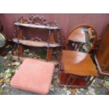 Mixed furniture to include a Victorian three tier wall shelf, dressing table mirror, stool and a