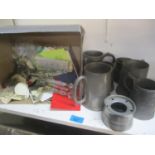 A mixed lot to include pewter tankards, glass lustres and other items