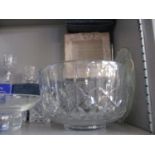 A miscellaneous lot of table glass to include boxed Stuart tumblers and cut glass bowls