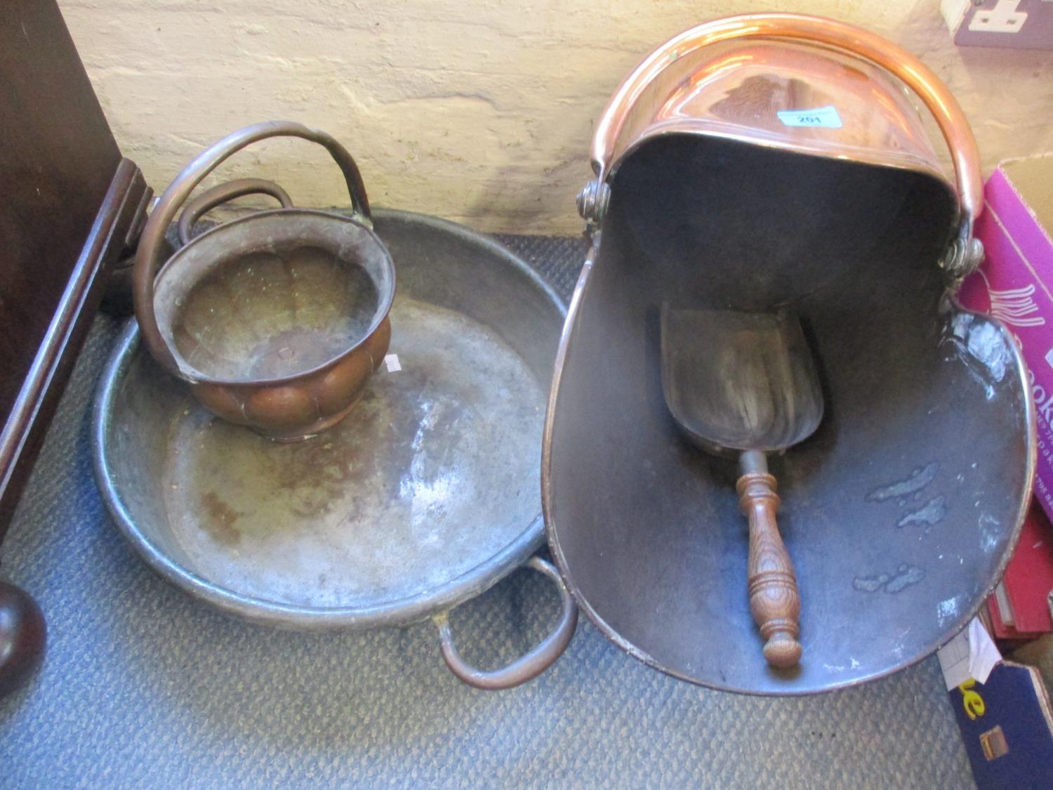Copperware to include a coal scuttle, a preserve pan, a shovel and a bowl