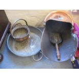 Copperware to include a coal scuttle, a preserve pan, a shovel and a bowl