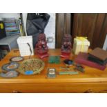 A mixed lot to include a pair of resin dogs of foe, a malachite box, bi-fold wallets and other items